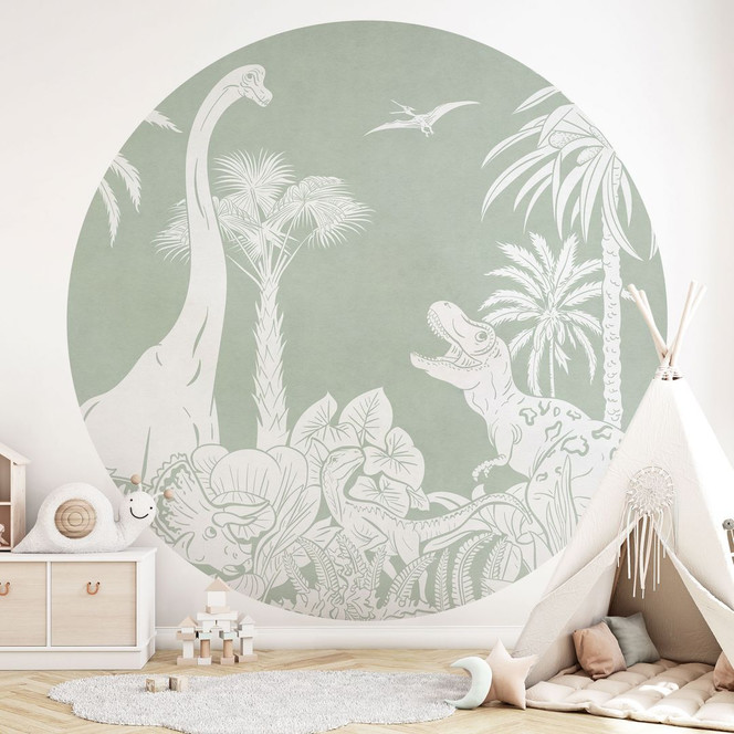 Fototapete Grüne Urzeitwelten - Dinosaurier unter Palmen - Kikki Belle - Rund - Selbstklebend/Vlies