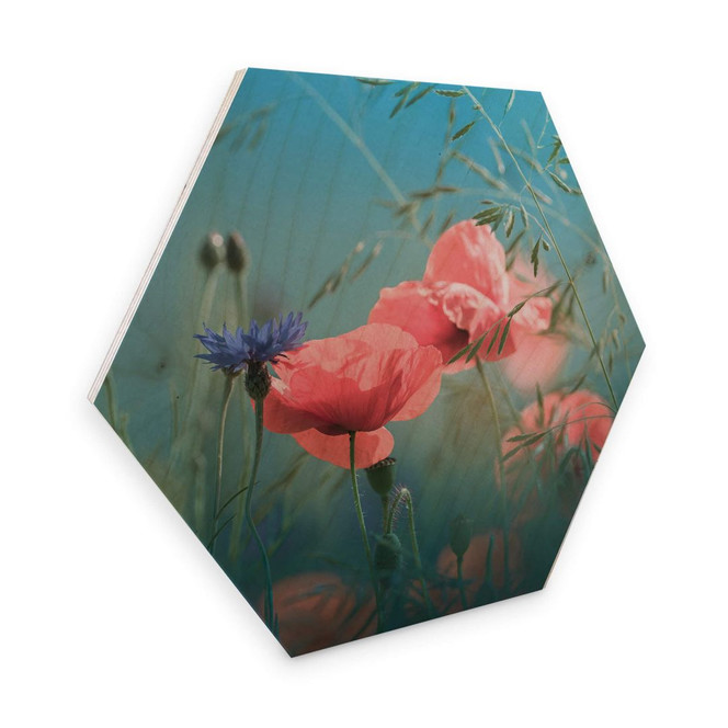 Hexagon - Holz Birke-Furnier Delgado - Wildblumen Aquamarin