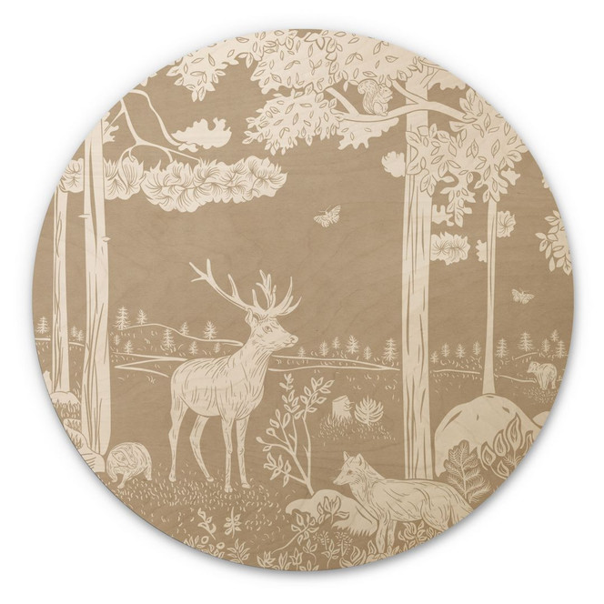 Holzbild Herbstlicher Wald mit Hirschen und Füchsen - Braun - Kikki Belle - Rund
