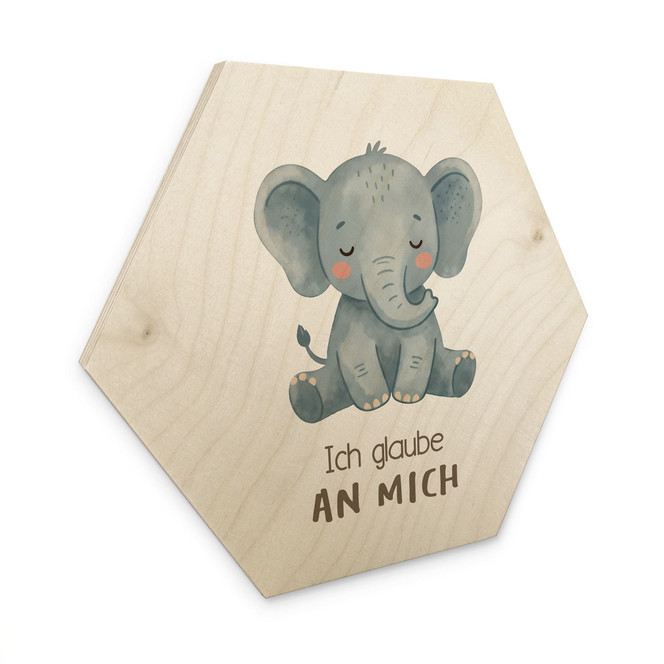 Holzbild Hexagon mit Elefant - Bestärkung "Ich glaube an mich"