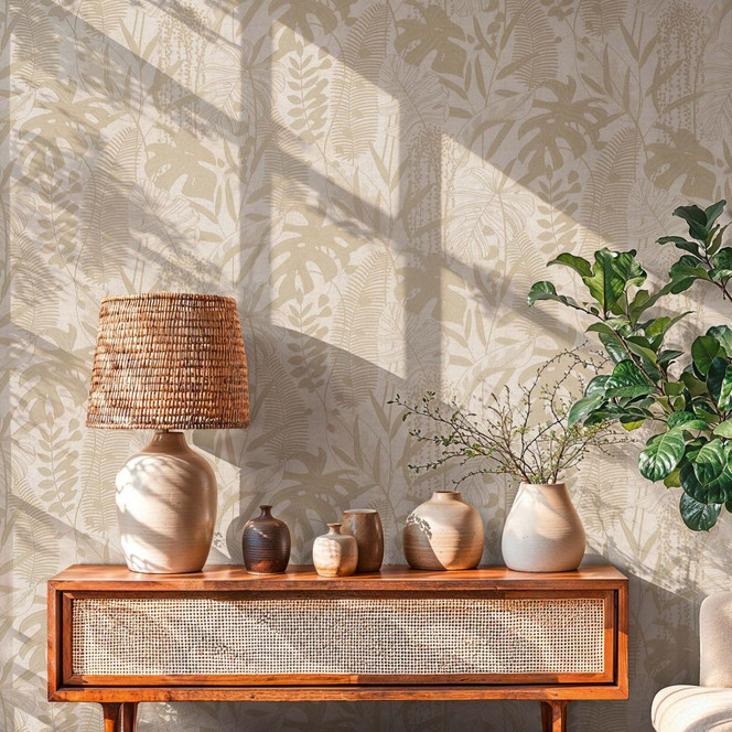Vliestapete Palmenblätter beige creme metallic Tapete Wandtapete Natur Flur