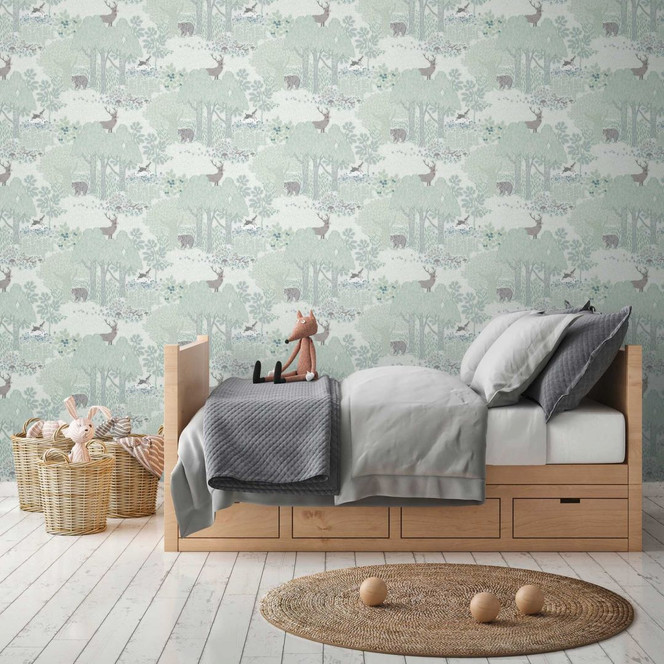 Wald-Tapete mit Tieren Grün Grau - Kindertapete mit Bär & Hirsch