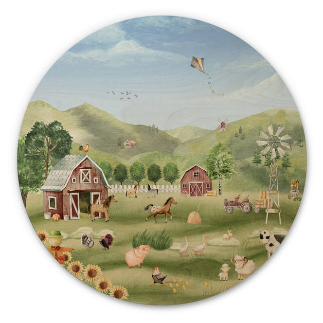 Kinderzimmer Holzbild - Oliver Robins - Bunter Bauernhof mit Tieren - Rund