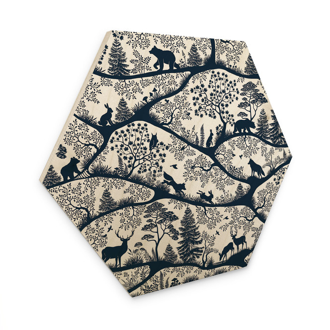Hexagon Holzbild Tier Silhouetten im nordischen Wald - Oliver Robins