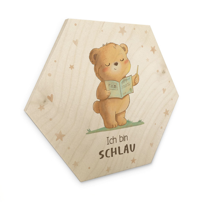 Holzbild Hexagon mit Bär und Buch - Bestärkung "Ich bin schlau"