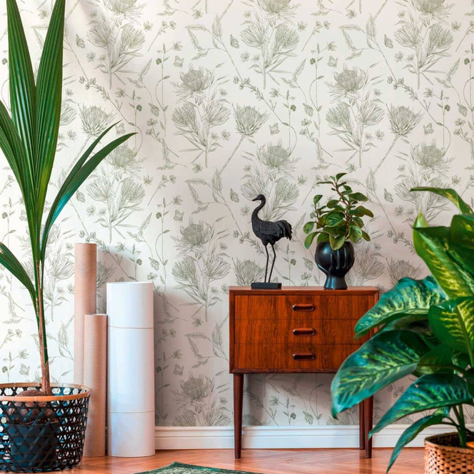 Tapete mit gezeichneten Blüten Weiss Grün - Vliestapete floral mit Blumen