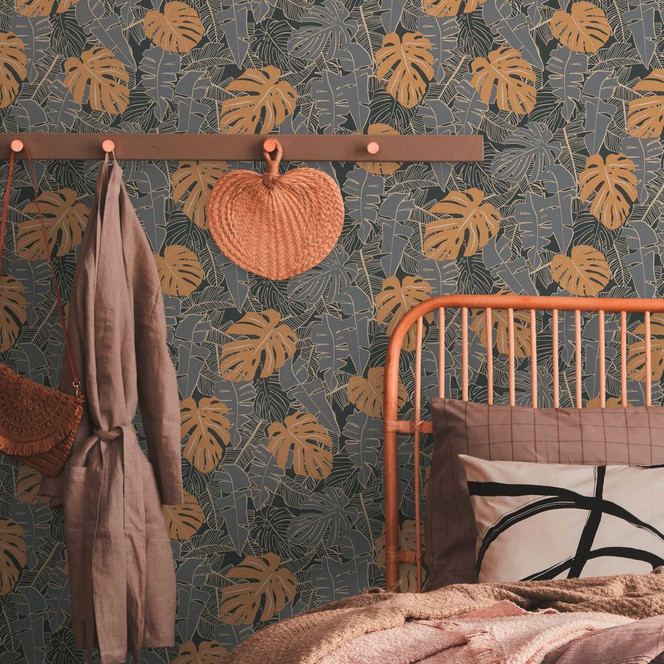 Dschungeltapete Schwarz Gold - Palmentapete Grau - Vliestapete Palmenblätter