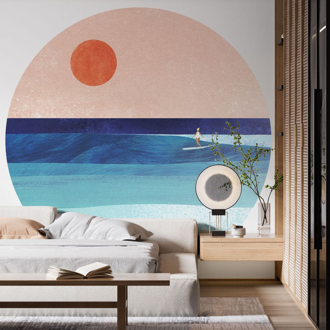 Fototapete Surfer Mädchen beim Sonnenuntergang - Rivers - Rund - Selbstklebend/Vlies