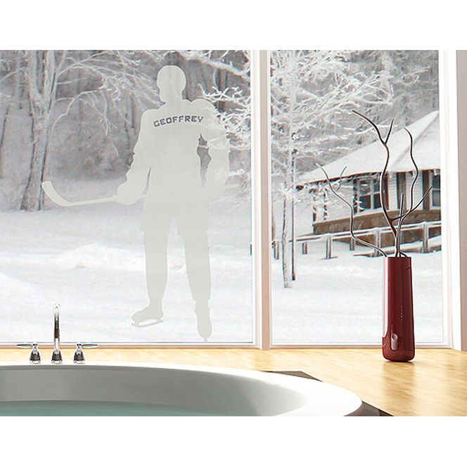 Folienfarbe in Wohnansicht: Frosted - Glasdekor Wunschtext Einshockey Spieler