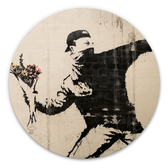 Holzbild Banksy - Der Blumenwerfer - Rund