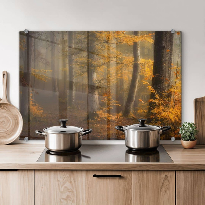 Spritzschutz Goldene Blätter im nebligen Wald - Maier