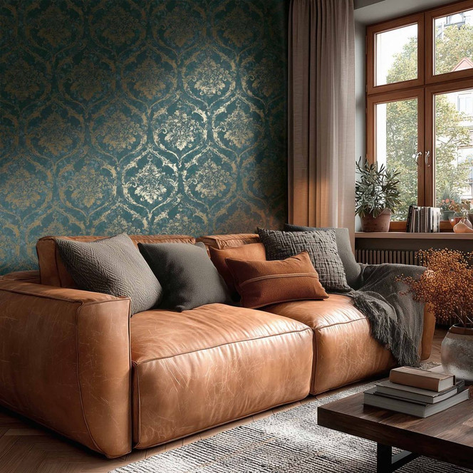 Vliestapete Davide Ornament Grün Metallic - Maison Du Temps Neo-Klassik Wohnzimmer Flur Büro