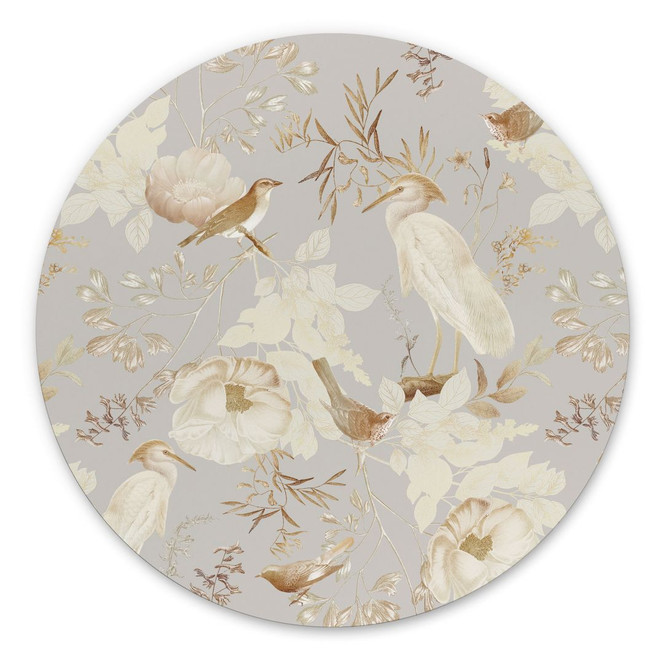 Wandbild Vögel zwischen weissen Blumen - UN Designs - Rund - Alu-Dibond