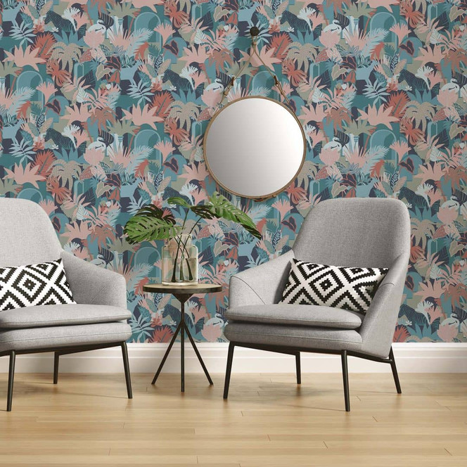 Dschungel Tapete Grün Blau - Pflanzen Blätter Vliestapete französisch