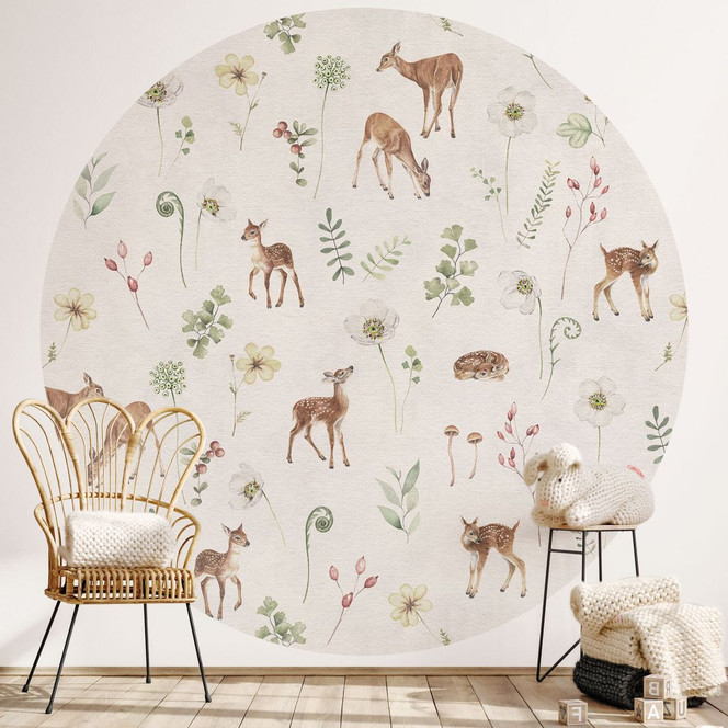 Fototapete Kleine Rehe zwischen Blumen - Kikki Belle - Rund - Selbstklebend/Vlies