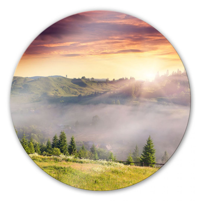 Glasbild Bergtal im Nebel - rund
