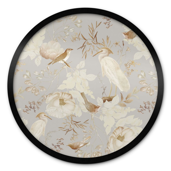 Poster Vögel zwischen weissen Blumen - UN Designs - Rund