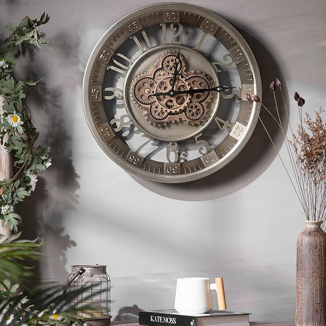 Rustikale XL Vintage Wanduhr mit arabischen Ziffern und Zahnrädern, Metallgrau | Ø46 cm