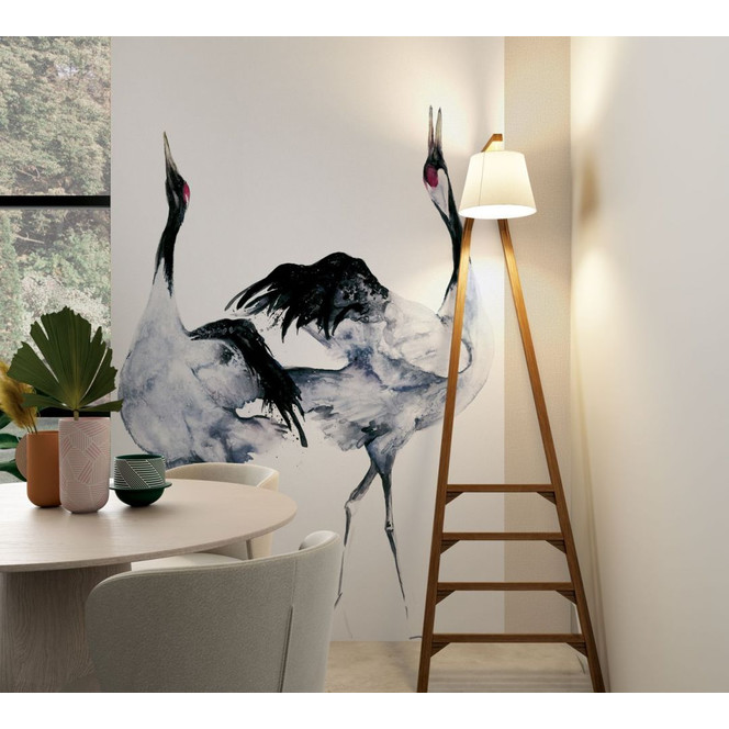 Fototapete mit Kranich im Asia Style weiss, schwarz Illustration 2.70 x 1.59 m