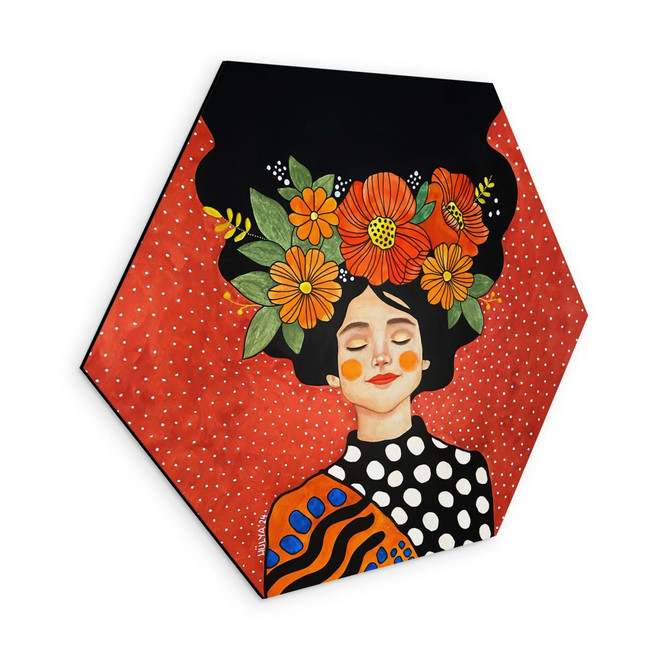 Hexagon Wandbild Lächelnde Frau mit orangen Blumen - Hülya - Alu-Dibond