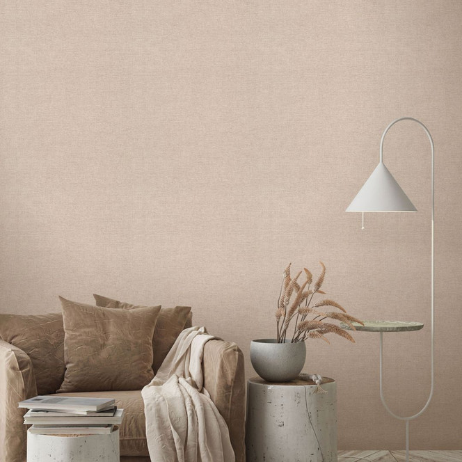 Tapete aus Vlies Uni Beige mit feiner Leinenstruktur dezent modern und zeitlos elegant