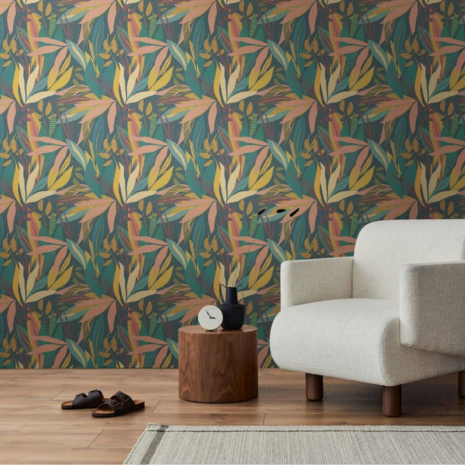 Tropen-Tapete bunt Dunkelgrün – Exotische Blätter-Tapete – Vliestapete modern