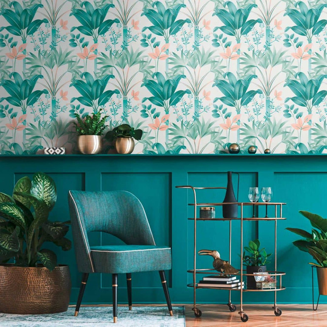 Dschungel-Tapete im grafischen Stil Weiss Grün - Vliestapete Palmenblättern