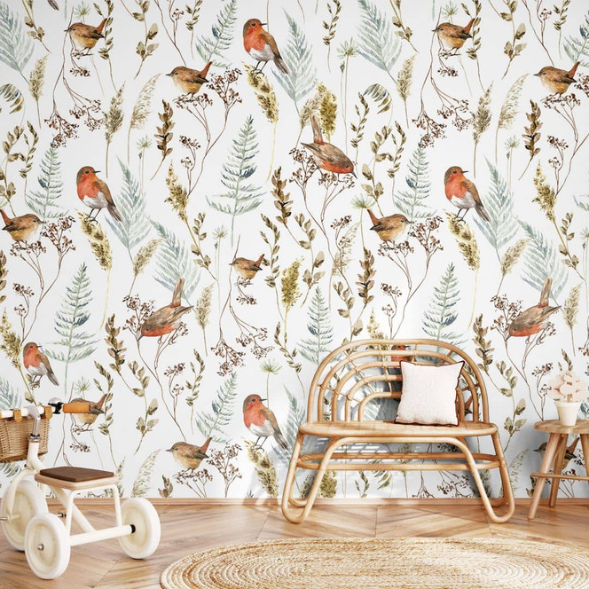 Fototapete Spatzen und Rotkehlchen - Vogeltapete - UN Designs