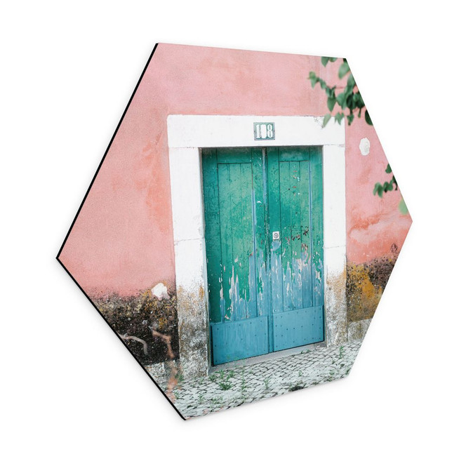 Hexagon Wandbild Mediterrane Hausfassade in Lissabon - Zwart - Alu-Dibond