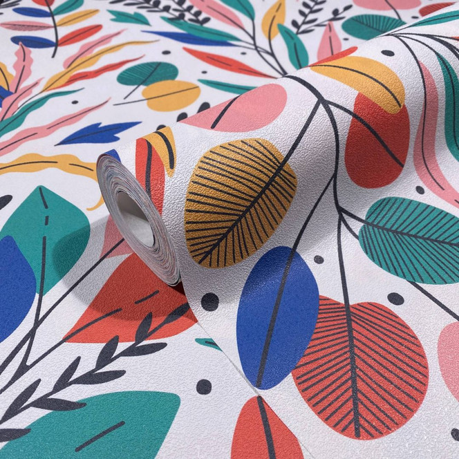 Vliestapete in abstraktem Blattmotiv weiss, bunt Floral