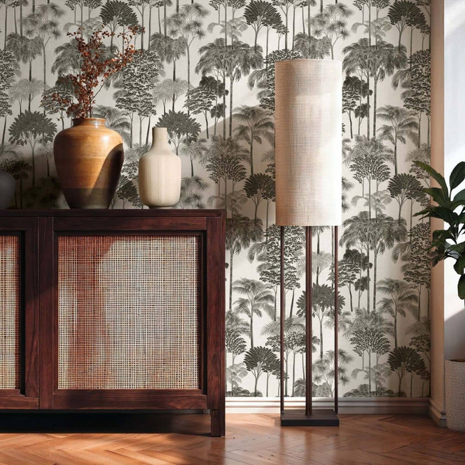 Vliestapete Wald Bäume Palmen grau schwarz weiss metallic Tapete Wandtapete Natur