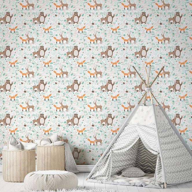 Kindertapete, Vliestapete mit Illustration Kids Walls weiss, grün, braun