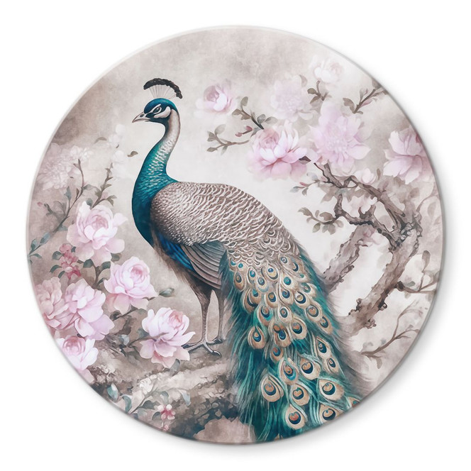 Glasbild Edler Pfau mit Blüten - Haase - Rund