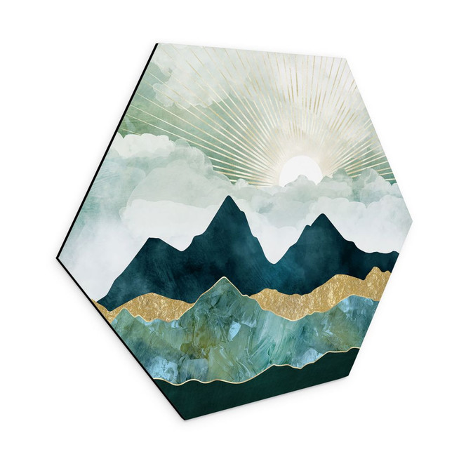 Hexagon Wandbild Sonnige Landschaft in Blau und Gold - SpaceFrog Designs - Alu-Dibond