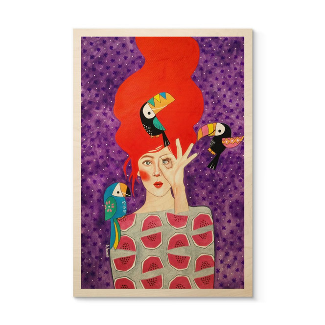 Holzbild Frau mit Tukan-Trio - Hülya