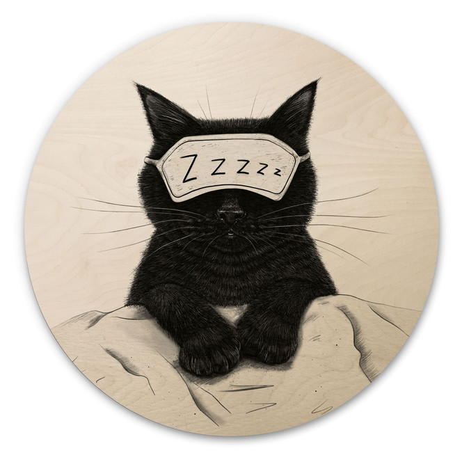Holzbild Schwarze Katze mit Schlafmaske - Korenkova - Rund