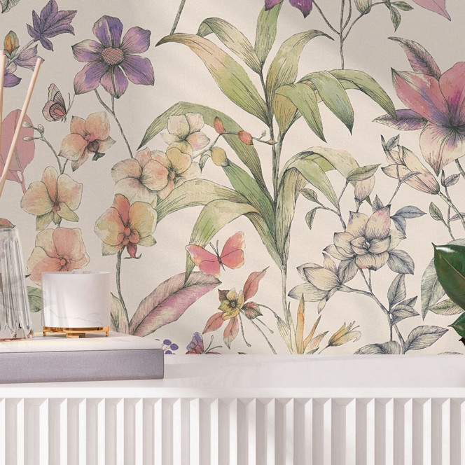 Vliestapete florales Aquarell-Design mit Blüten & Schmetterlingen in Pastell