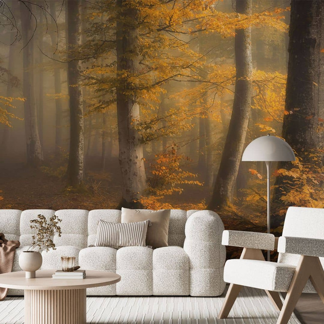 Fototapete Waldtapete - Goldene Blätter im nebligen Wald - Maier