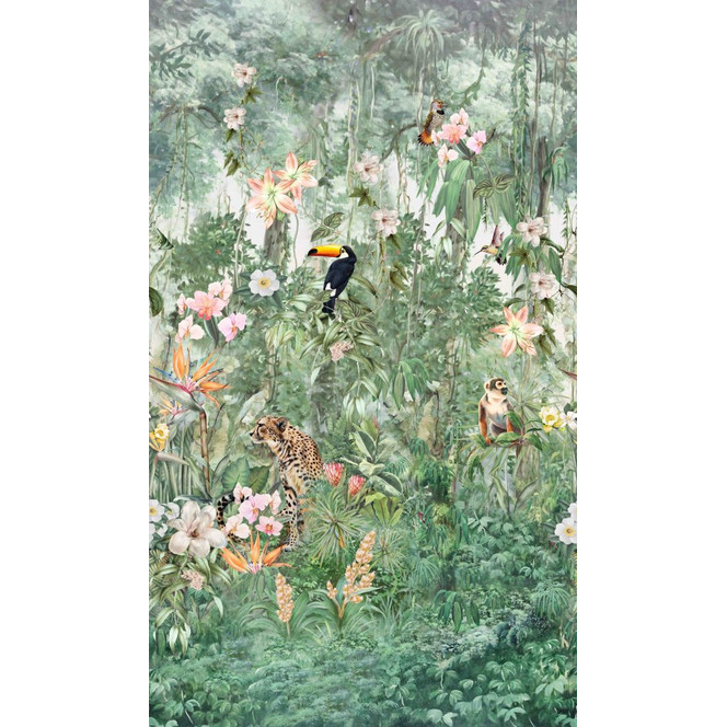 Fototapete Wandtapete mit Motiv Dschungel Tiere und Blumen mit Tukan Aquarell 2.7 x 1.59 m