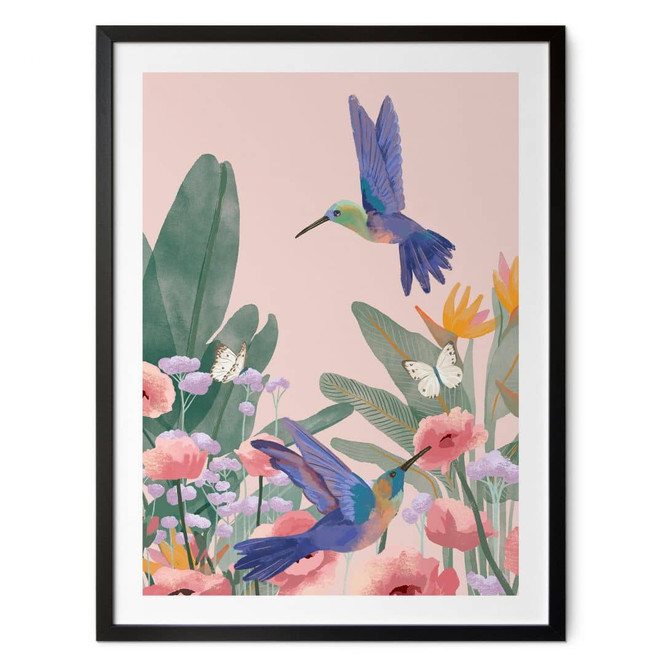 Poster Zwei Kolibris auf der bunten Blumenwiese - Goed Blauw