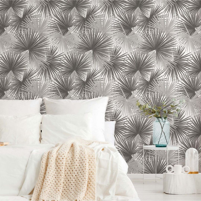 Fototapete Palmen Blätter Dschungel - Grau Weiss Vliestapete Wohnzimmer