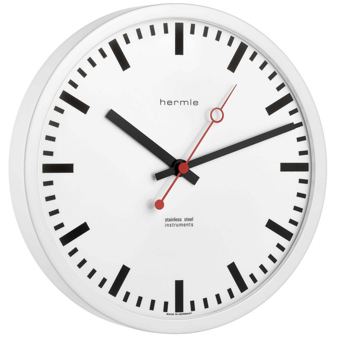 Bahnhofsuhr Grand Central rund weiss Zahlenbild schwarze Balken, EAR