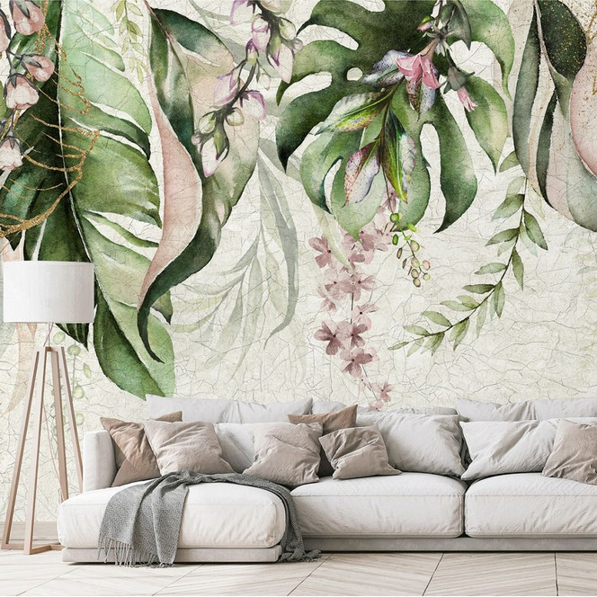 Fototapete Motivtapete Aquarell Dschungelblätter mit zarten Blüten 3.4 x 2.65 m