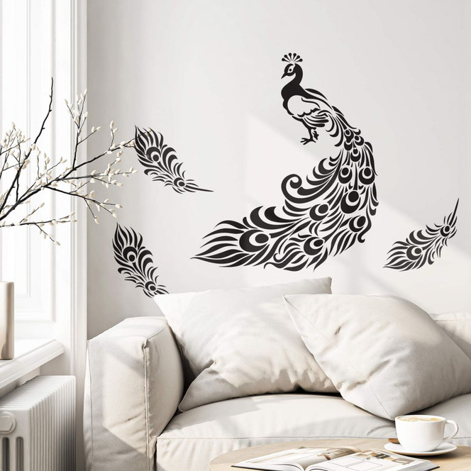 Wandtattoo Kleiner Pfau mit langem Federkleid + 3 Pfauenfedern