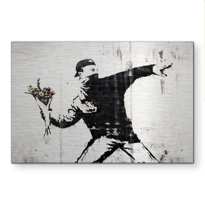 Alu-Dibond gebürstet mit Silbereffekt - Der Blumenwerfer - Banksy