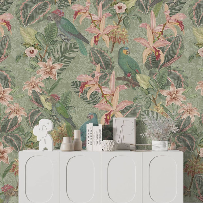Fototapete Dschungel mit Papageien Grün | Dschungeltapete - Bloomery Decor