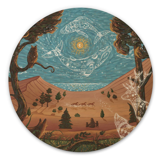 Holzbild Spirituelles Tierreich in der Nacht - Oliver Robins - Rund