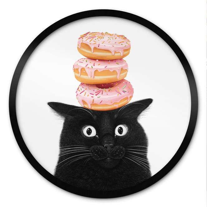 Poster Schwarze Katze mit pinken Donuts - Korenkova - Rund