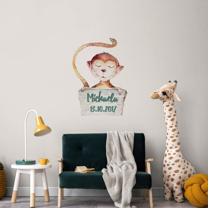 Wandtattoo Kvilis - Träumendes Äffchen mit Schild & Name