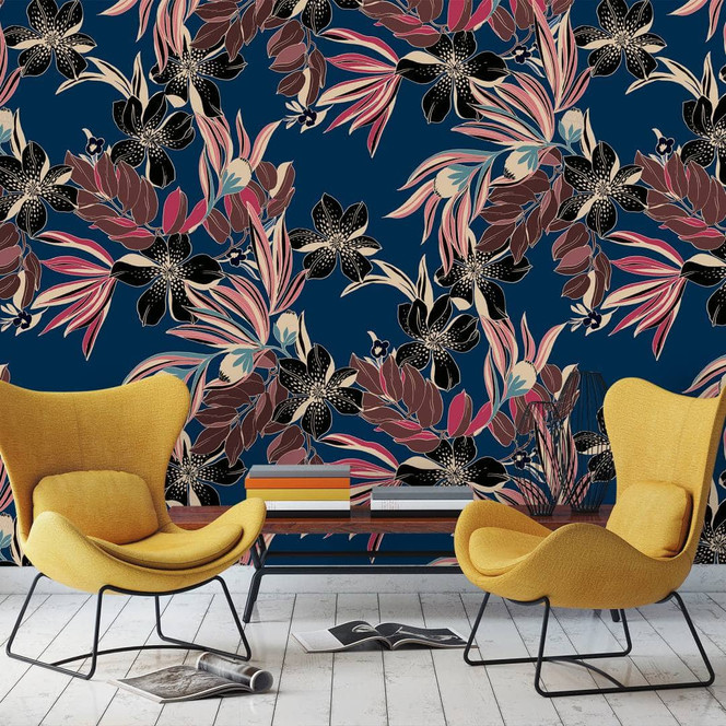 Fototapete mit abstraktem Blumenmotiven, Blau Floral 3.40 x 2.12 m